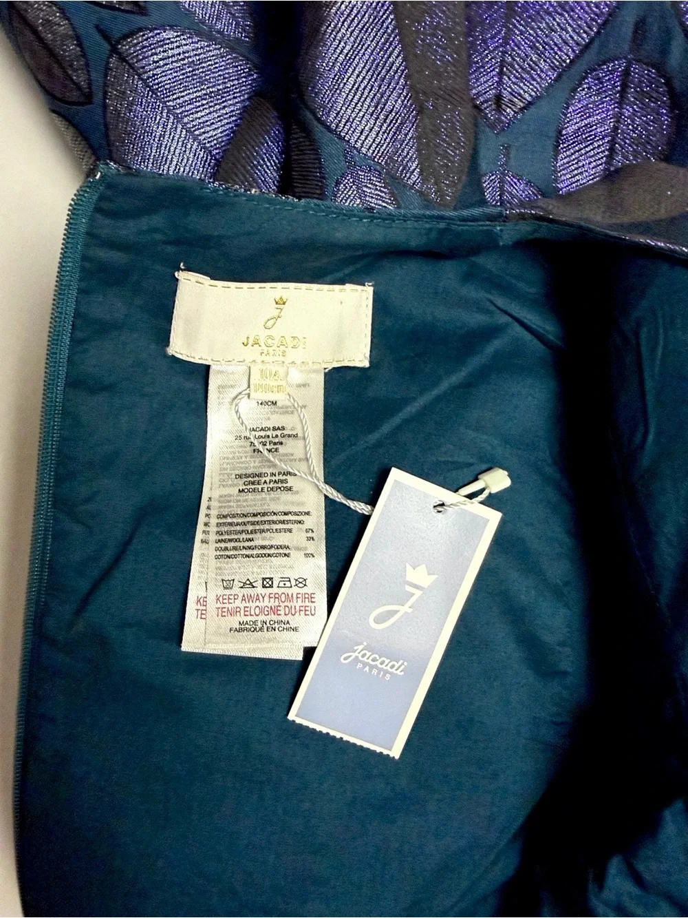 NWT Jacadi Paris Teal with Purple Shiny Leaf Jacquard Occasion Dress 10 (140)